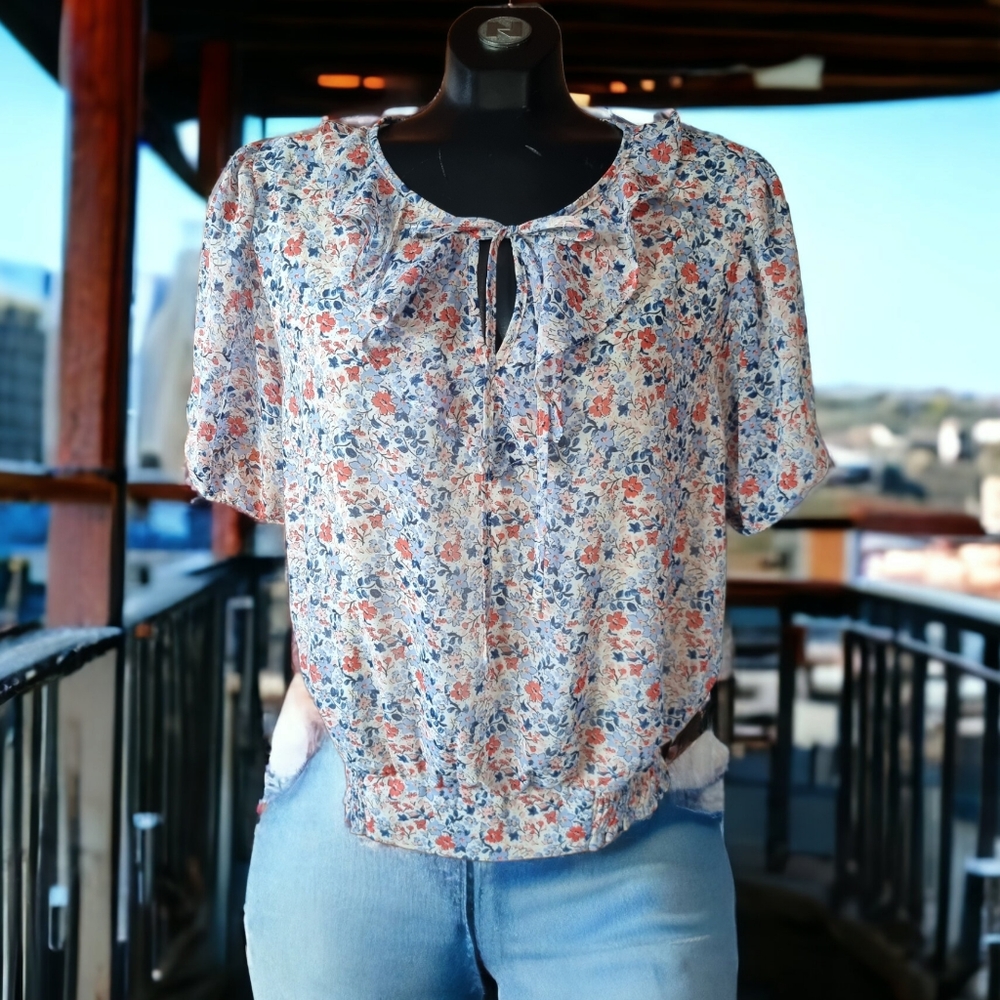 3/$40 Sale! ECLAIR Floral Ruffled Front Tie Lined Blouse